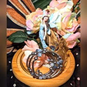 Women's slide on bracelet, Silver Toned Metal with Blue Gray Beading